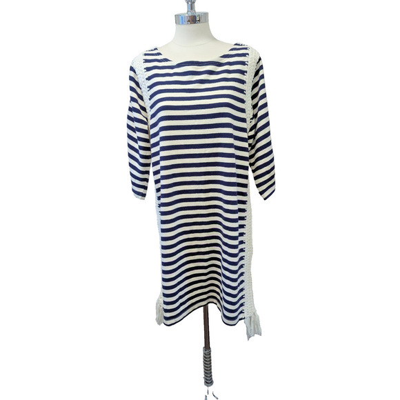 Anthropologie Pepin Nautical Stripe Cotton Tunic Dress Size L Crochet Trim Navy - Picture 1 of 9